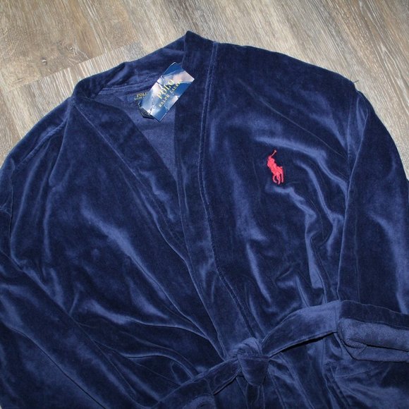 NWT POLO‎ RALPH LAUREN MEN'S VELOUR TERRY PLUSH BATH ROBE NAVY BLUE - Picture 2 of 9